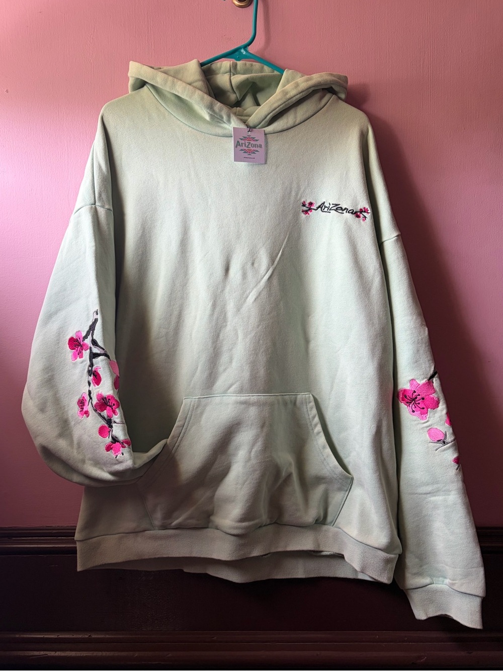 🆕Size XL Arizona Teal Green Tea Cherry Blossom Embroidered Hoodie🌸